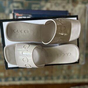 Gucci Rubber Slide Platform Block Heel Sandals White Size 41 Women's 11